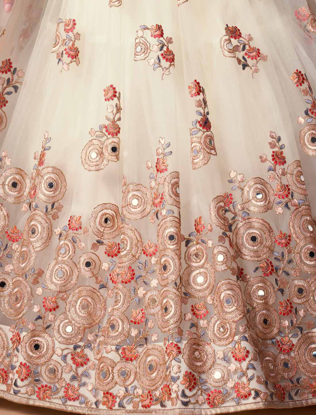 Off White Soft Net With Art Silk Thread Zari Embroidery Mirror Lehenga Choli