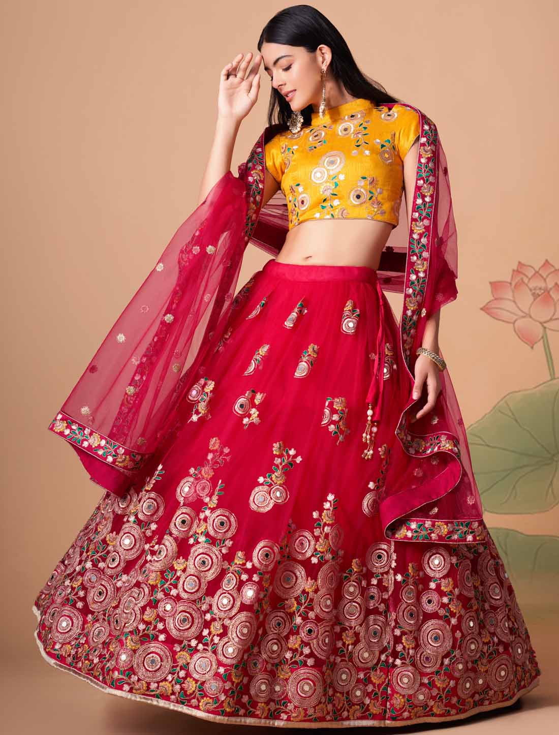 Rani Soft Net With Art Silk Thread Zari Embroidery Ethnic Mirror Lehenga Choli