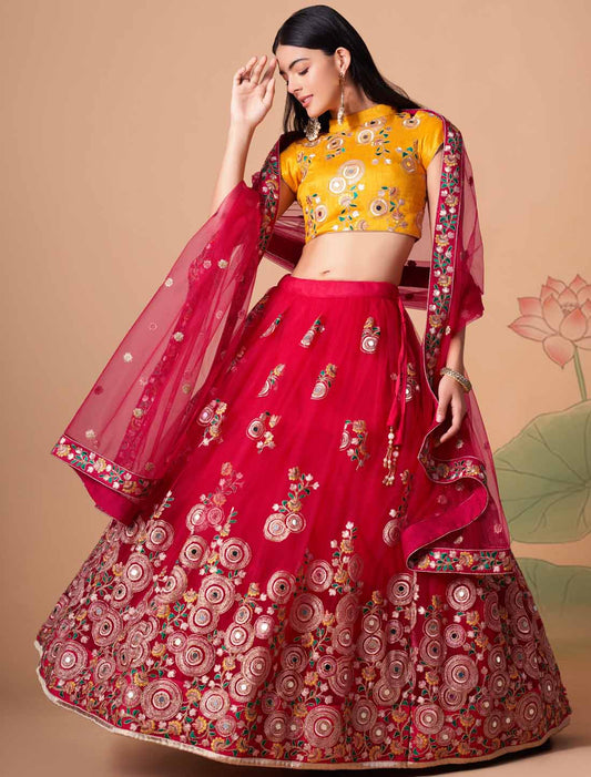 Rani Soft Net With Art Silk Thread Zari Embroidery Ethnic Mirror Lehenga Choli