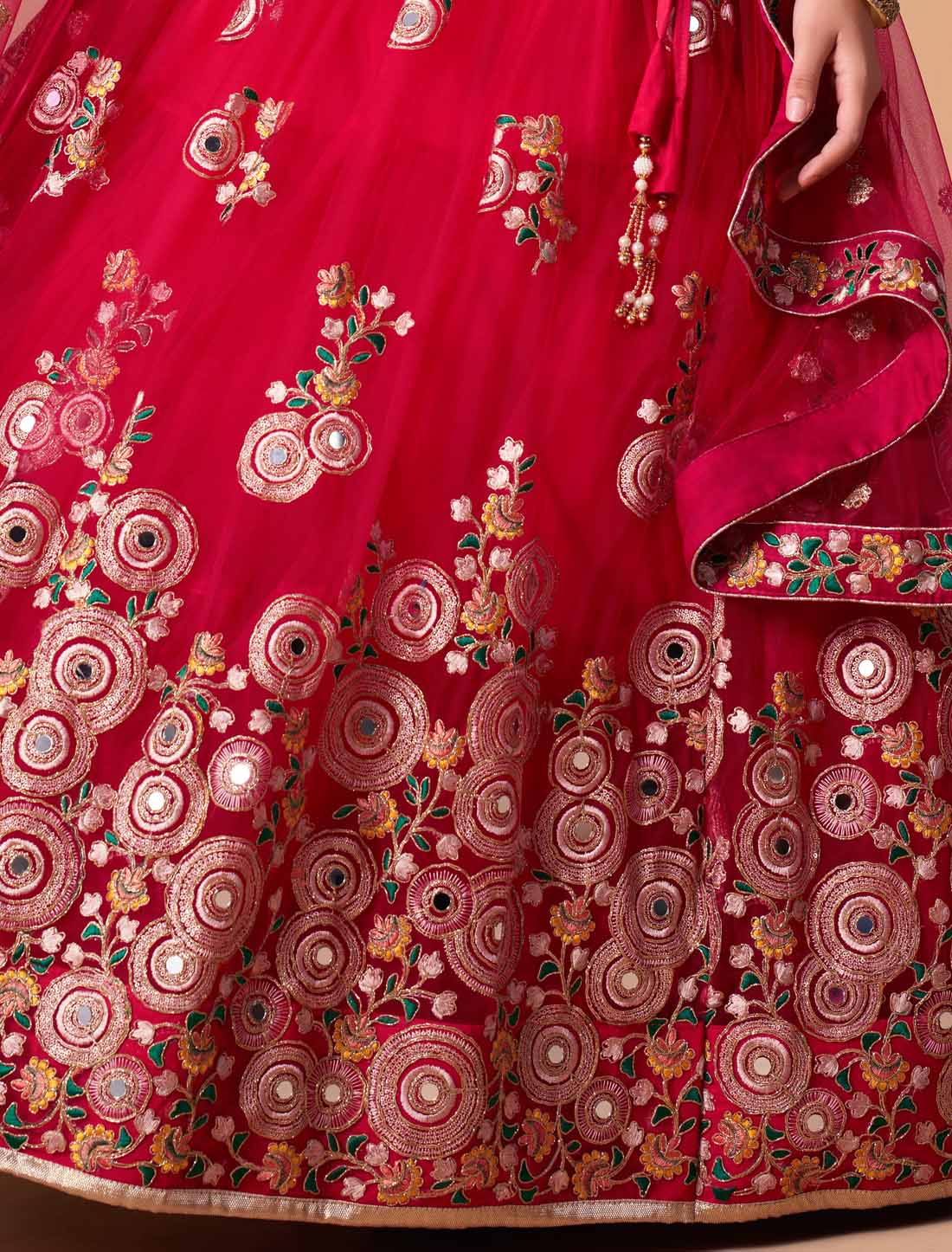 Rani Soft Net With Art Silk Thread Zari Embroidery Ethnic Mirror Lehenga Choli