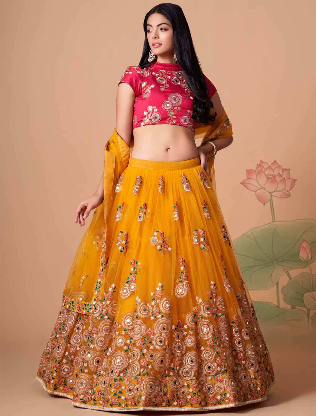 Yellow Soft Net With Art Silk Thread Zari Embroidery Mirror Lehenga Choli
