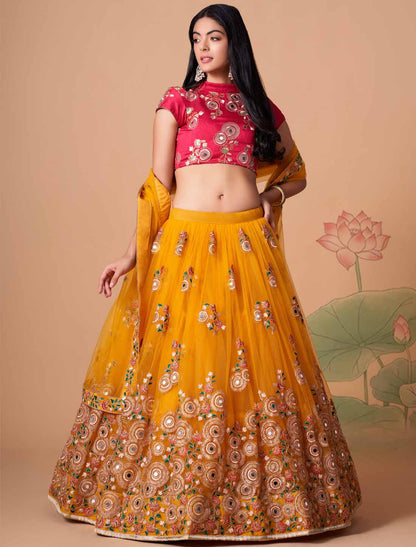 Yellow Soft Net With Art Silk Thread Zari Embroidery Mirror Lehenga Choli