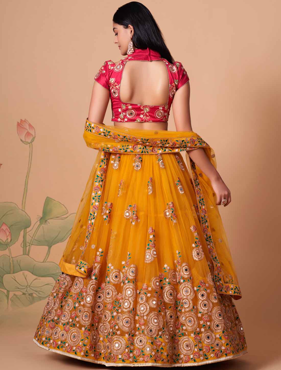 Yellow Soft Net With Art Silk Thread Zari Embroidery Mirror Lehenga Choli