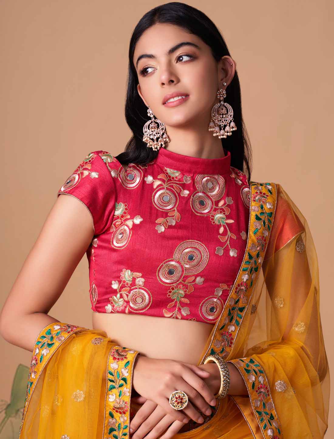 Yellow Soft Net With Art Silk Thread Zari Embroidery Mirror Lehenga Choli