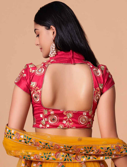 Yellow Soft Net With Art Silk Thread Zari Embroidery Mirror Lehenga Choli