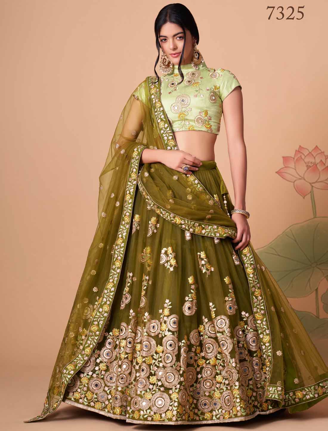 Mehndi Soft Net With Art Silk Thread Zari Embroidery Mirror Lehenga Choli