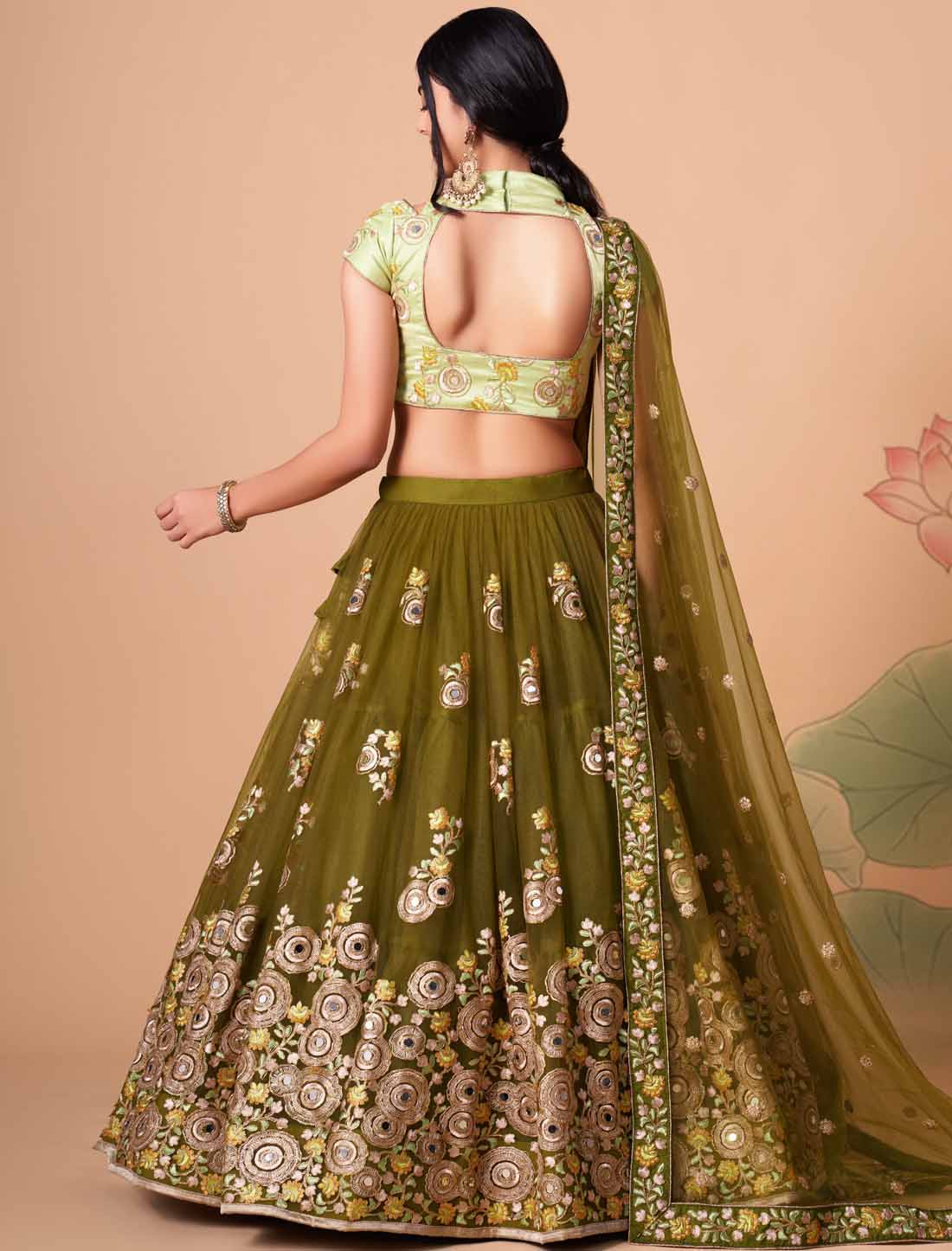 Mehndi Soft Net With Art Silk Thread Zari Embroidery Mirror Lehenga Choli