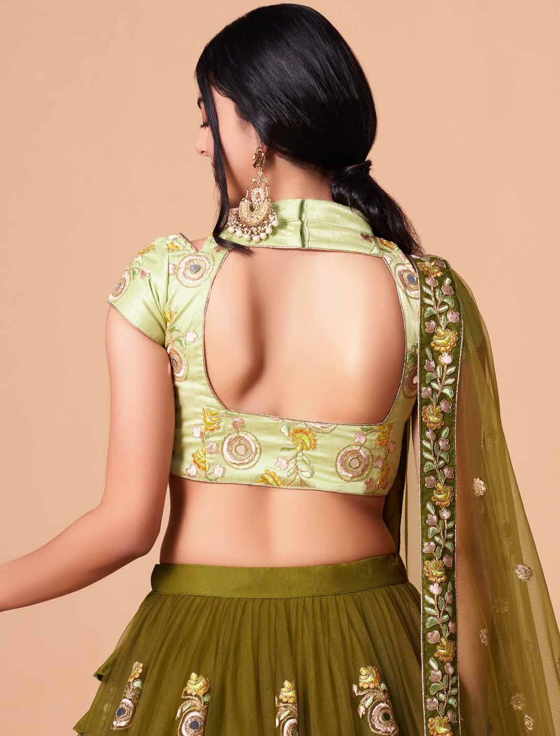 Mehndi Soft Net With Art Silk Thread Zari Embroidery Mirror Lehenga Choli