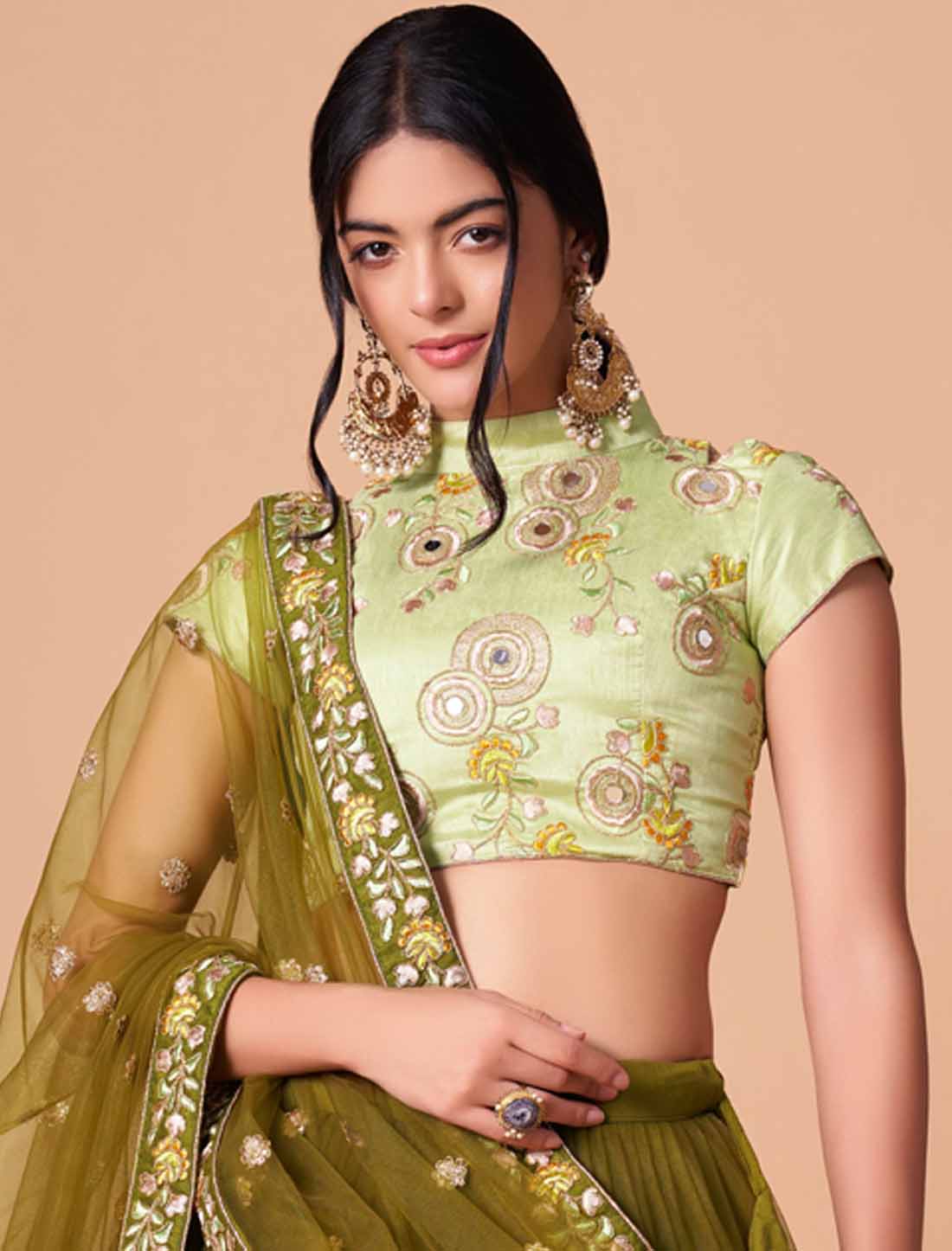 Mehndi Soft Net With Art Silk Thread Zari Embroidery Mirror Lehenga Choli