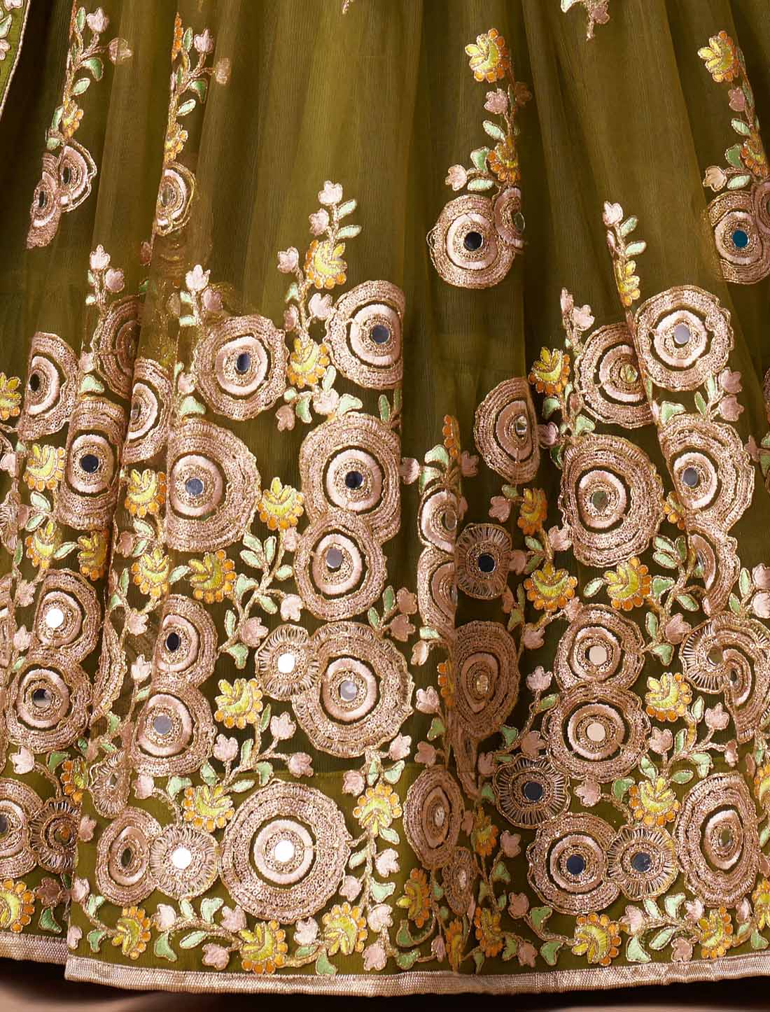 Mehndi Soft Net With Art Silk Thread Zari Embroidery Mirror Lehenga Choli