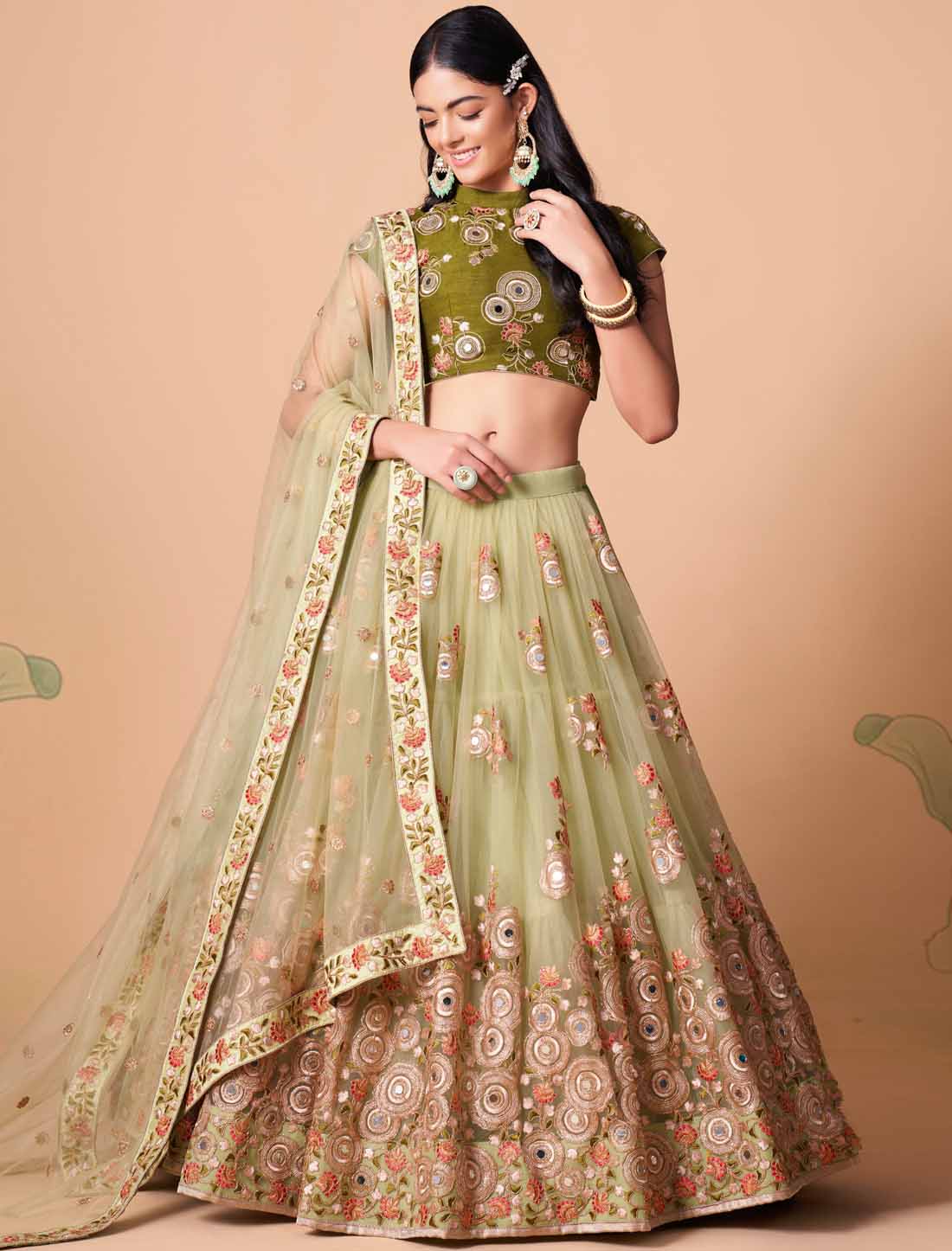 Pista Soft Net With Art Silk Thread Zari Embroidery Mirror Ethnic Lehenga Choli