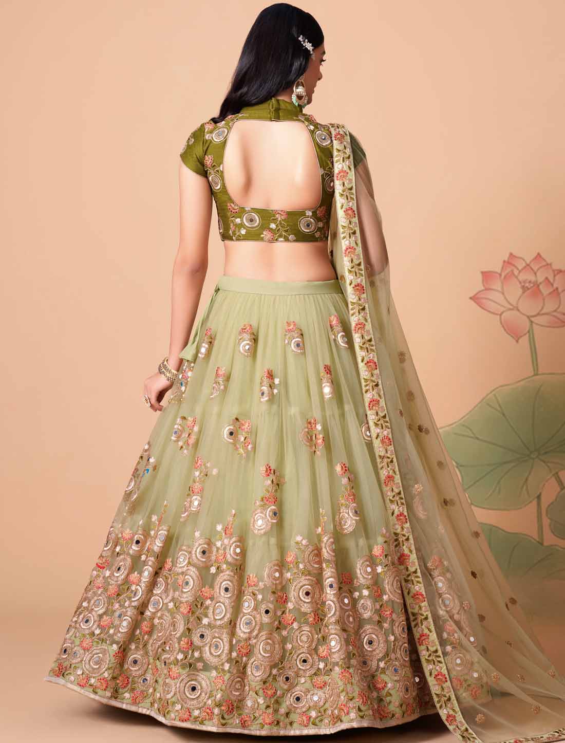 Pista Soft Net With Art Silk Thread Zari Embroidery Mirror Ethnic Lehenga Choli