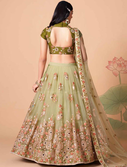 Pista Soft Net With Art Silk Thread Zari Embroidery Mirror Ethnic Lehenga Choli