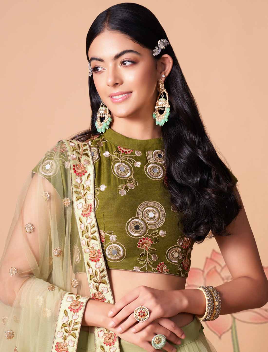 Pista Soft Net With Art Silk Thread Zari Embroidery Mirror Ethnic Lehenga Choli