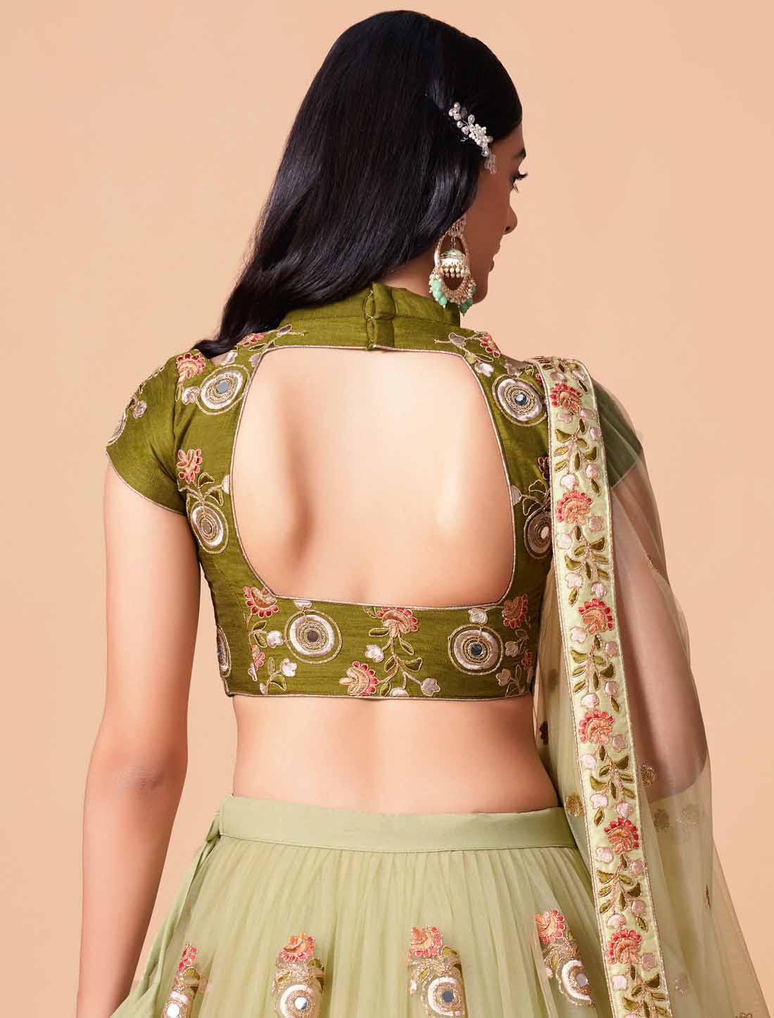 Pista Soft Net With Art Silk Thread Zari Embroidery Mirror Ethnic Lehenga Choli