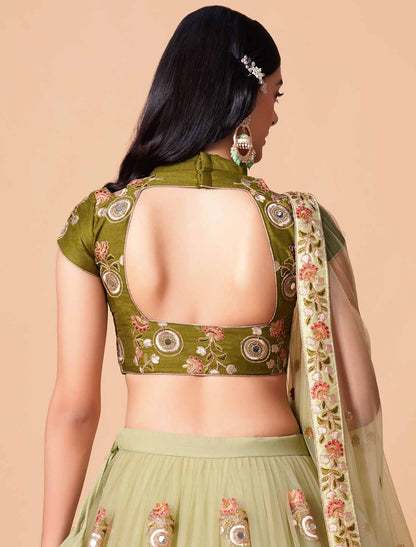 Pista Soft Net With Art Silk Thread Zari Embroidery Mirror Ethnic Lehenga Choli