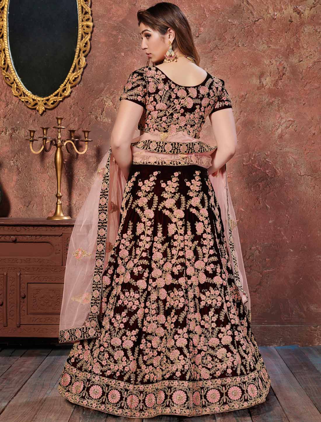 Dark Maroon Velvet Thread Sequins Embroidery Designer Ethnic Lehenga Choli