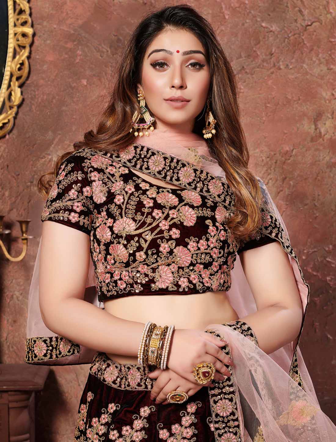 Dark Maroon Velvet Thread Sequins Embroidery Designer Ethnic Lehenga Choli