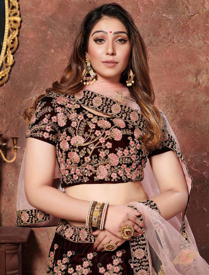 Dark Maroon Velvet Thread Sequins Embroidery Designer Ethnic Lehenga Choli
