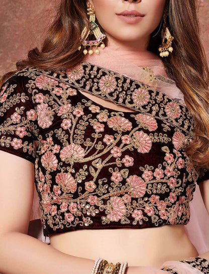 Dark Maroon Velvet Thread Sequins Embroidery Designer Ethnic Lehenga Choli
