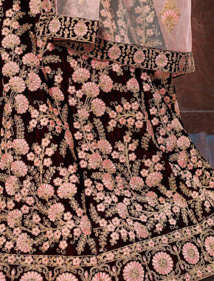 Dark Maroon Velvet Thread Sequins Embroidery Designer Ethnic Lehenga Choli