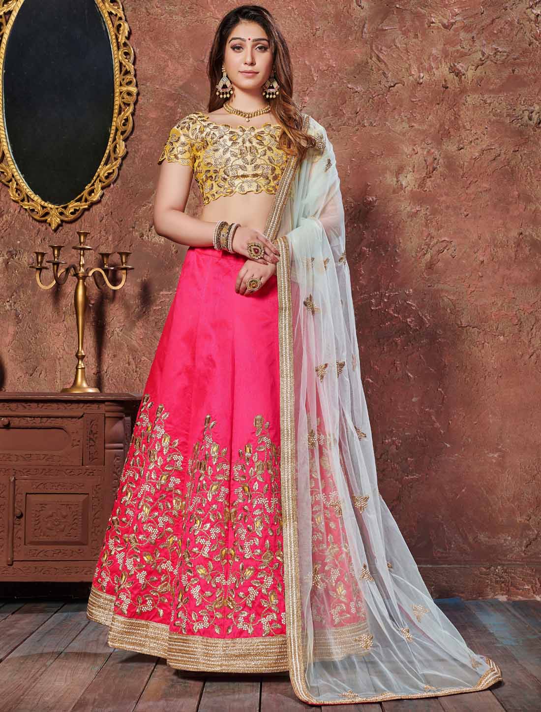 Ethnic Yellow & Pink Mulberry Thread Sequins Designer Embroidery Lehenga Choli