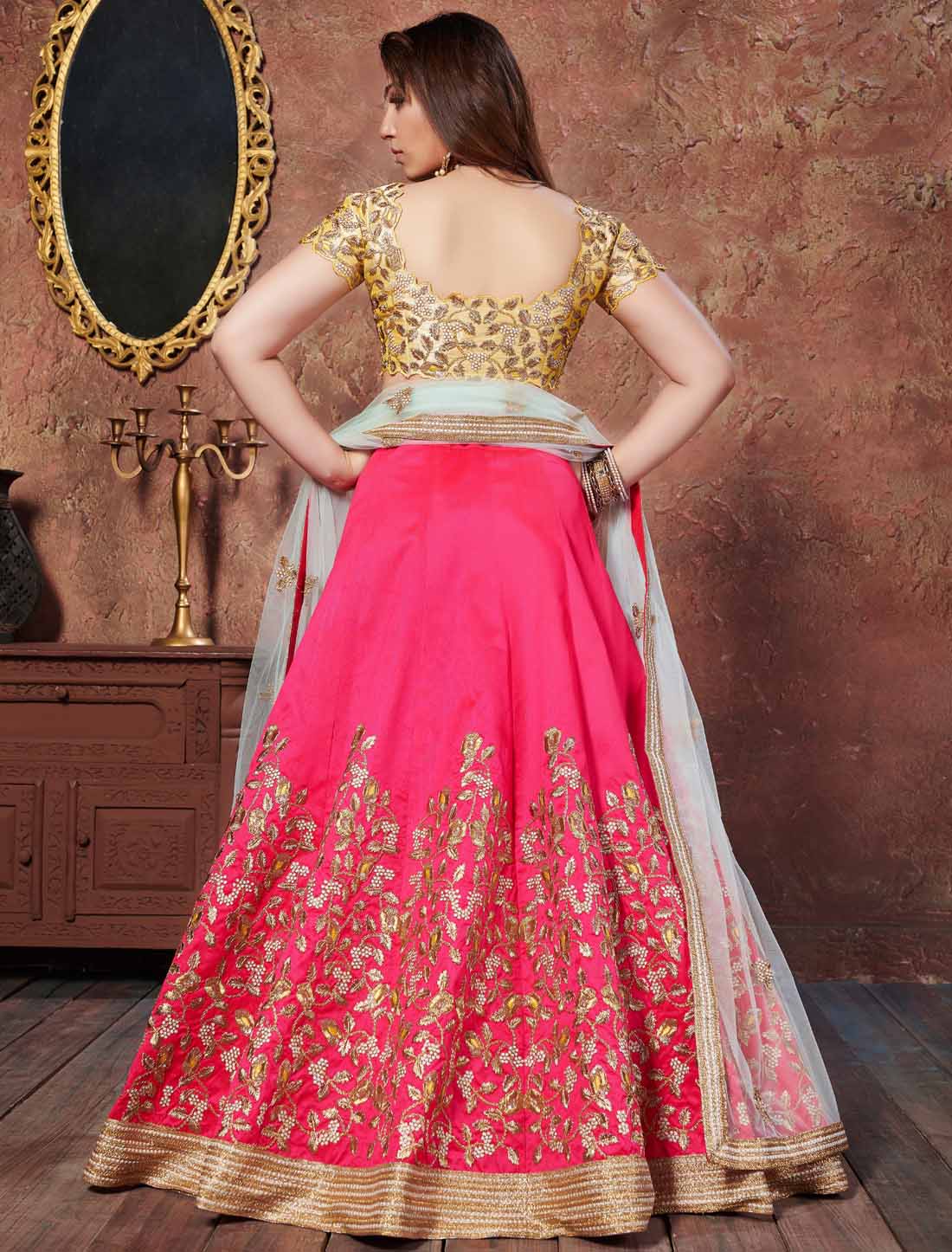 Ethnic Yellow & Pink Mulberry Thread Sequins Designer Embroidery Lehenga Choli