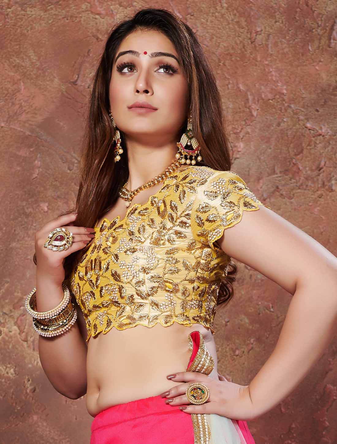 Ethnic Yellow & Pink Mulberry Thread Sequins Designer Embroidery Lehenga Choli