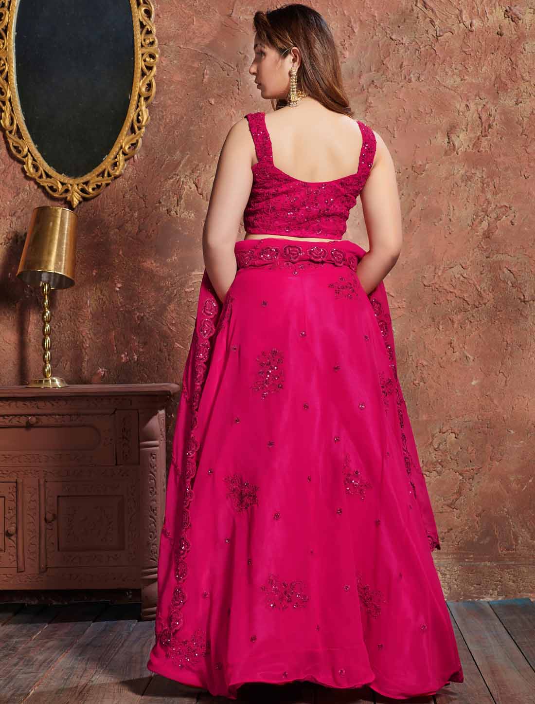 Pink Designer Georgette Ethnic Zari Sequins Dori Embroidery Lehenga Choli