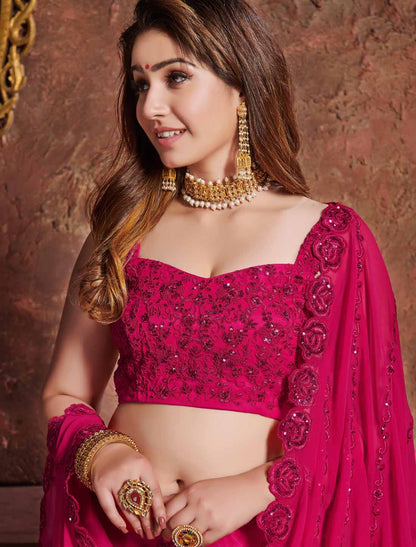 Pink Designer Georgette Ethnic Zari Sequins Dori Embroidery Lehenga Choli