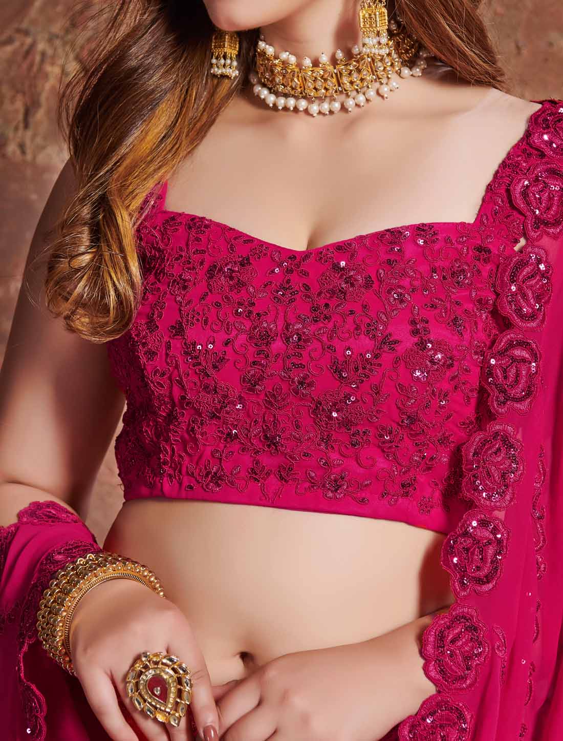 Pink Designer Georgette Ethnic Zari Sequins Dori Embroidery Lehenga Choli