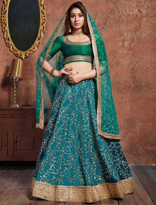 Turquoise Art Silk Zari Sequins Designer Embroidery Ethnic Lehenga Choli