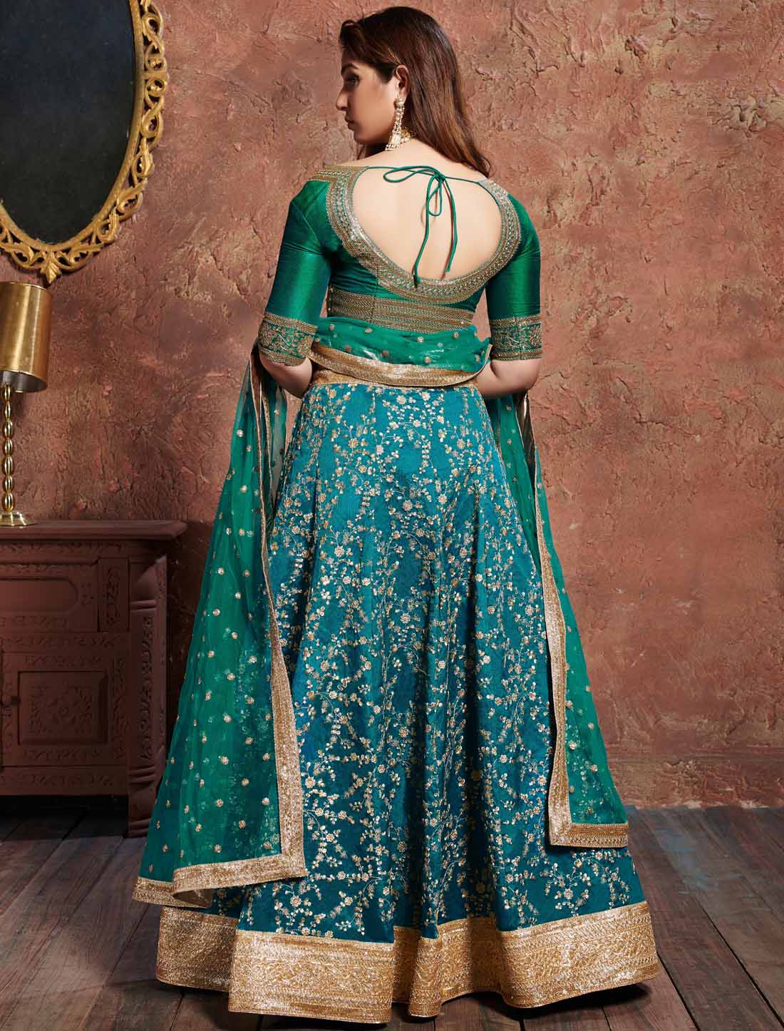 Turquoise Art Silk Zari Sequins Designer Embroidery Ethnic Lehenga Choli