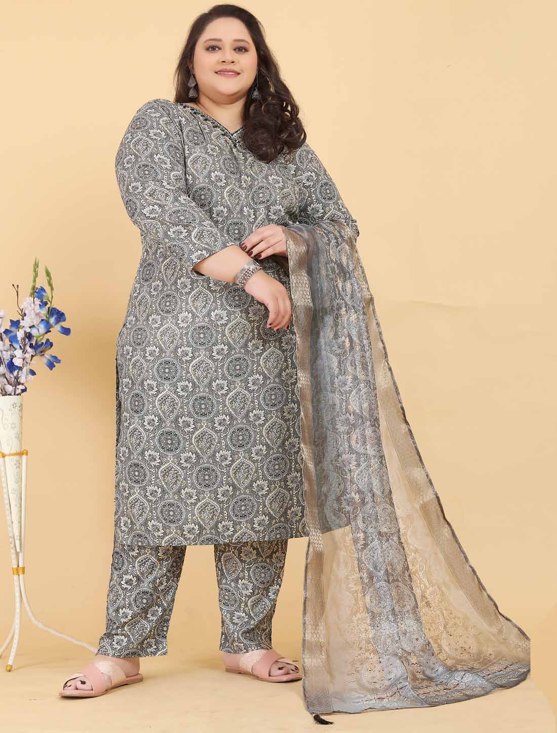 Ethnic Grey Premium Rayon Export Quality Hand Work Kurta Sets