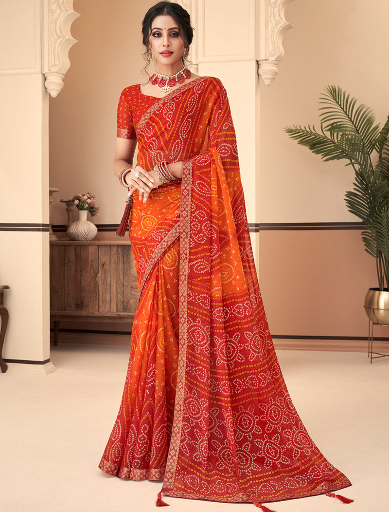 Red Jalpari Chiffon Elegance With Tassels and Banarasi Border Ruchi Printed Sarees