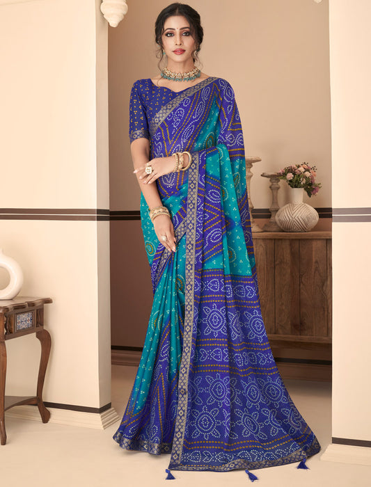 Dark Blue Jalpari Chiffon Elegance With Tassels and Banarasi Border Ruchi Printed Sarees