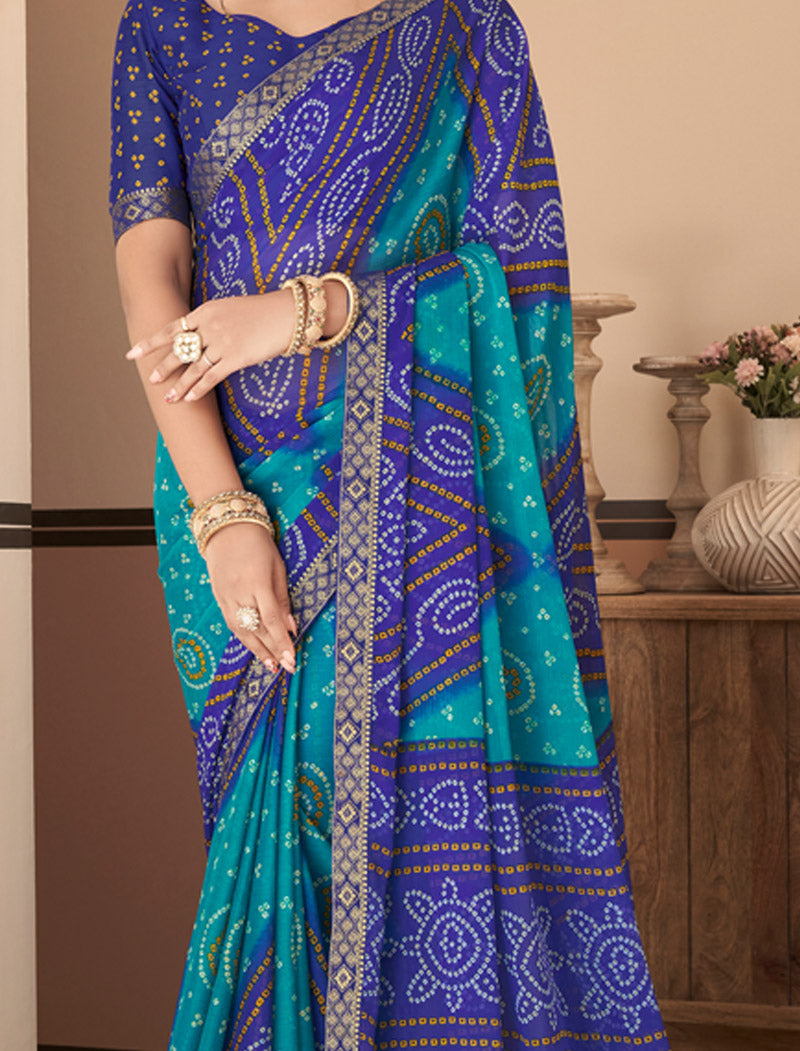 Dark Blue Jalpari Chiffon Elegance With Tassels and Banarasi Border Ruchi Printed Sarees