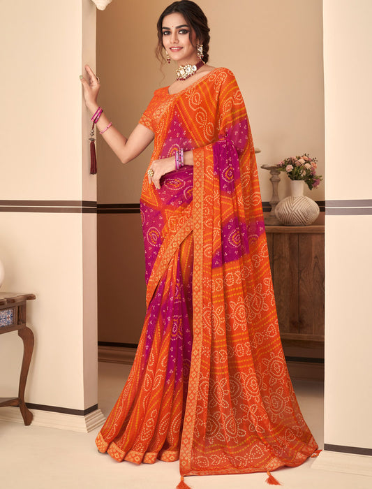 Orange Jalpari Chiffon Elegance With Tassels and Banarasi Border Ruchi Printed Sarees