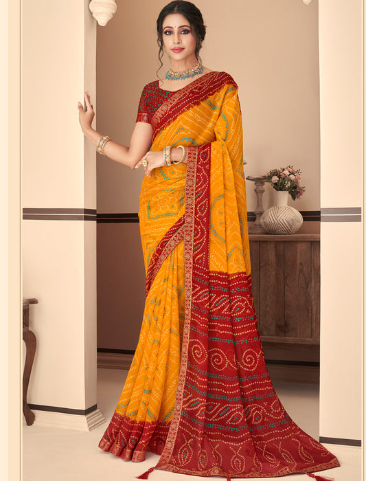 Marron & Yellow Jalpari Chiffon Elegance With Tassels and Banarasi Border Ruchi Printed Sarees