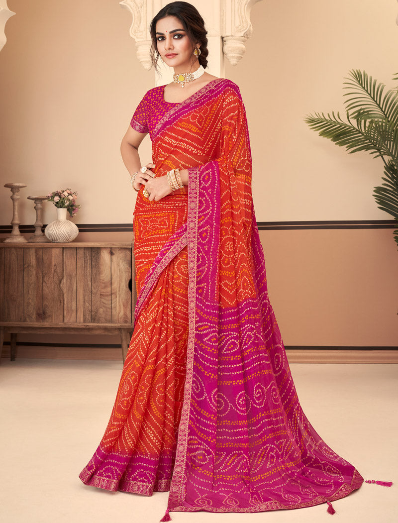 Pink & Orange Jalpari Chiffon Elegance With Tassels and Banarasi Border Ruchi Printed Sarees