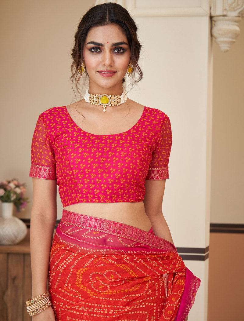 Pink & Orange Jalpari Chiffon Elegance With Tassels and Banarasi Border Ruchi Printed Sarees