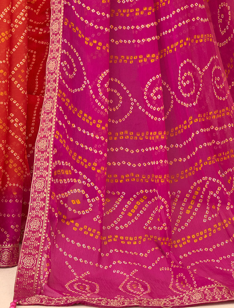 Pink & Orange Jalpari Chiffon Elegance With Tassels and Banarasi Border Ruchi Printed Sarees