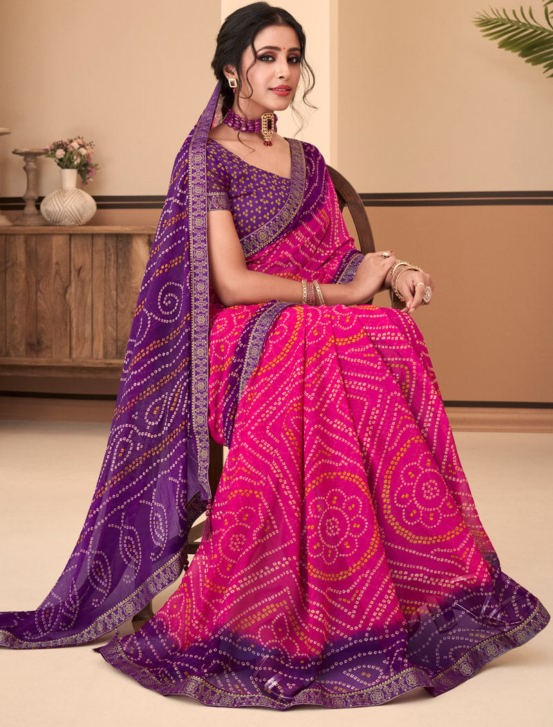 Purple & Pink Jalpari Chiffon Elegance With Tassels and Banarasi Border Ruchi Printed Sarees