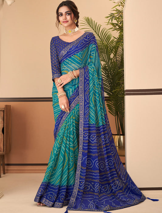 Dark Blue & Green Jalpari Chiffon Elegance With Tassels and Banarasi Border Ruchi Printed Sarees