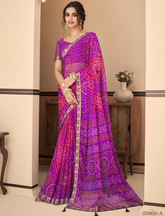 Pink & Purple Jalpari Chiffon Elegance With Tassels and Banarasi Border Ruchi Printed Sarees