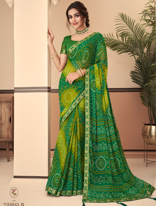 Green Jalpari Chiffon Elegance With Tassels and Banarasi Border Ruchi Printed Sarees