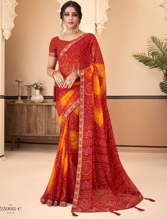 Red Jalpari Chiffon Elegance With Tassels and Banarasi Border Ruchi Printed Sarees