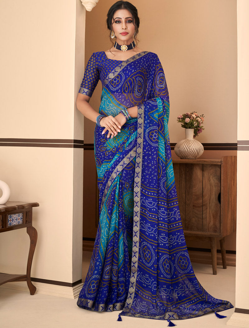 Blue & Green Jalpari Chiffon Elegance With Tassels and Banarasi Border Ruchi Printed Sarees