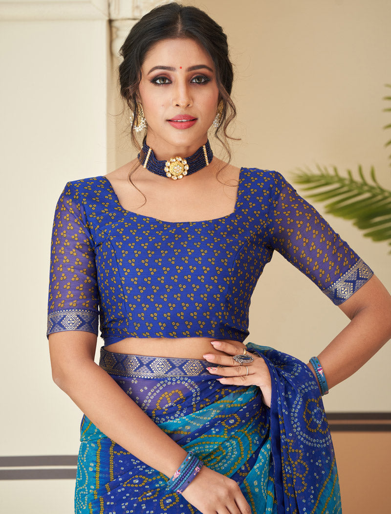 Blue & Green Jalpari Chiffon Elegance With Tassels and Banarasi Border Ruchi Printed Sarees