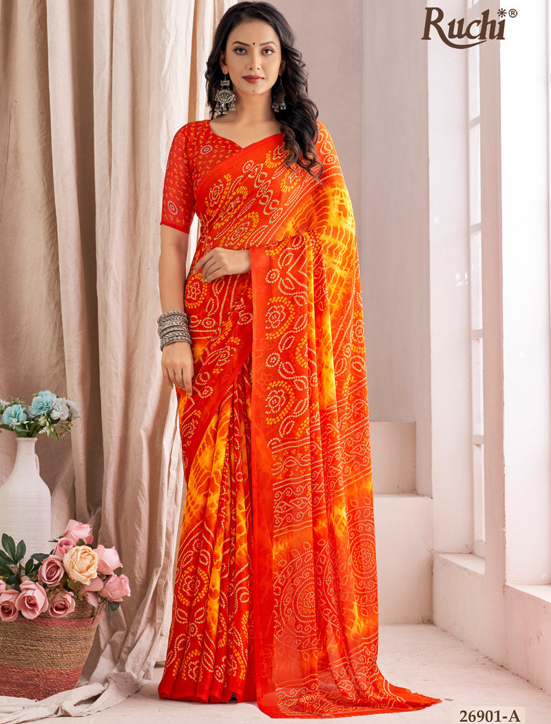 Orange Classic Star Chiffon With Printed Ruchi Sarees